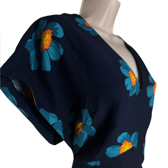 Banana Republic Sz 10 Navy Blue turquoise Floral dress A line short sleeve - Picture 5 of 11
